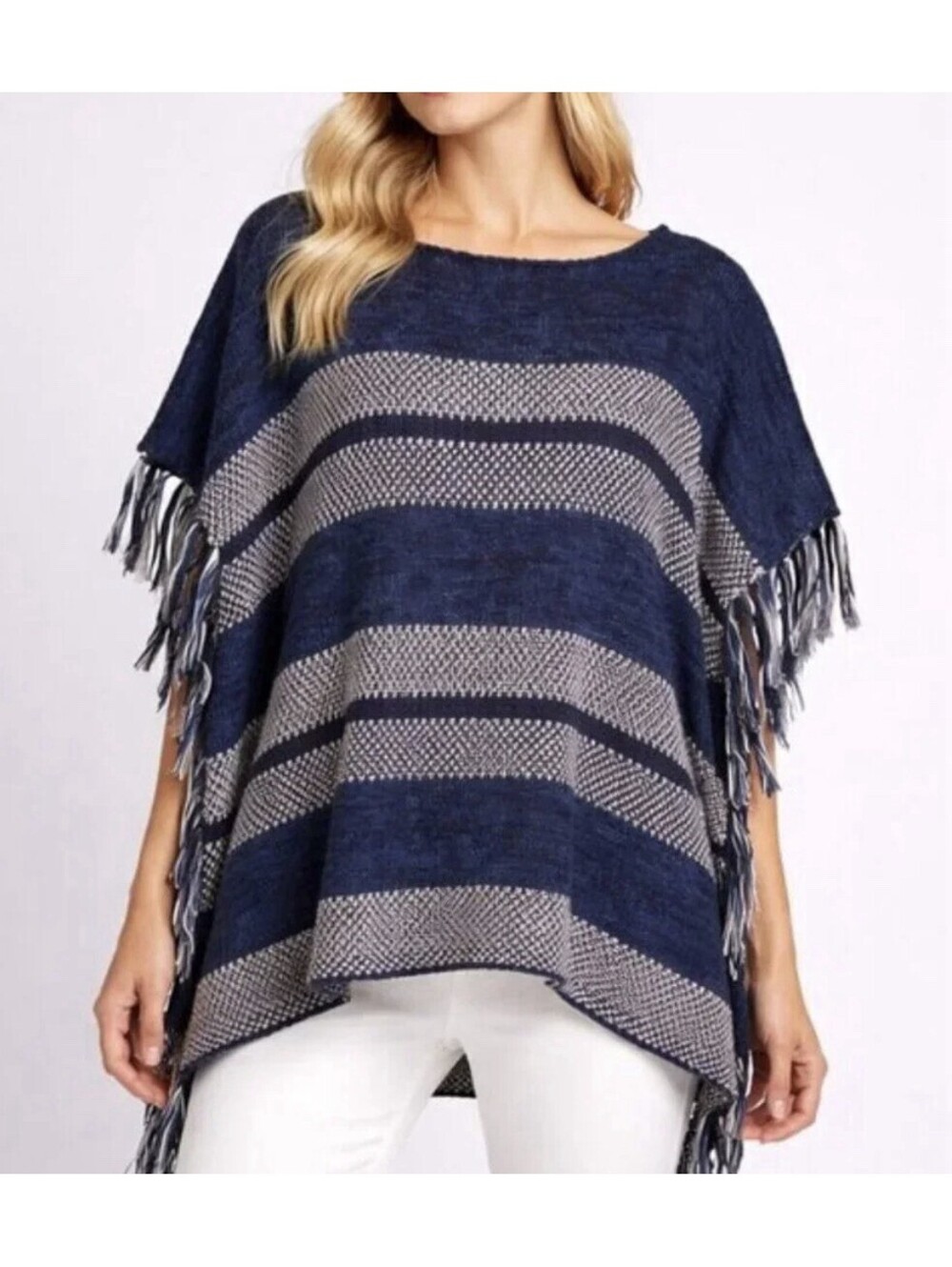 Chaps Medium Navy Striped Southwestern Boho Fringe Poncho Sweater